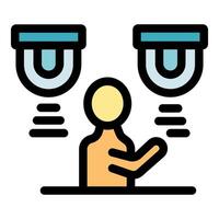 Choosing between two sensors, man making decision about security system vector