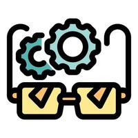 Gears rotating above eyeglasses symbolizing planning and vision vector