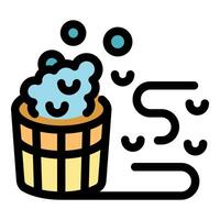 Hot relaxing bath in wooden bucket releasing steam and bubbles vector