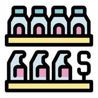 Supermarket shelves displaying bottled milk and detergent with price tag vector
