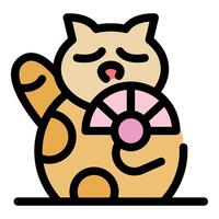 Maneki neko waving paw and holding a fan, japanese lucky cat symbol vector