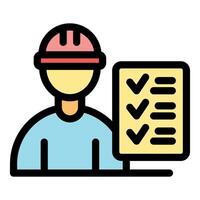 Construction worker checking completed tasks on checklist icon vector