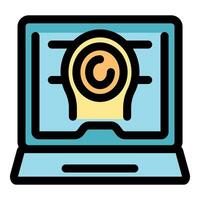 Laptop displaying virtual reality simulation of human head and brain activity vector