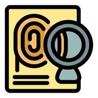 Magnifying glass investigating fingerprint on document for crime solving vector