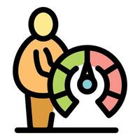 Person evaluating performance with speedometer icon vector
