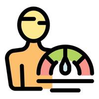 Person evaluating performance with speedometer icon, measuring business success and progress vector