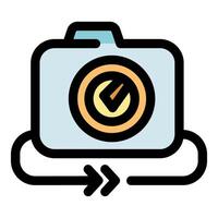 Camera with checked lens and rotating arrows emphasizing image processing vector