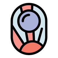 Futuristic spaceship window showing planet and sunrise, simple graphic icon vector
