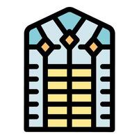 Arched window with geometric stained glass and shutters showing traditional architecture vector