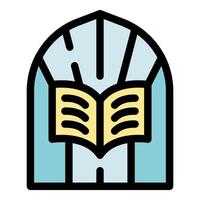 Open book inside arched window symbolizing knowledge and learning vector