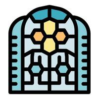 Arched mosaic window with hexagonal and rectangular pattern displaying vibrant colors vector