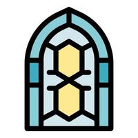 Arched window showing honeycomb pattern with blue and yellow stained glass vector