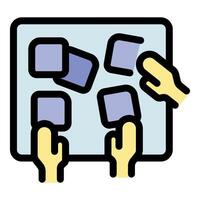 Coworkers moving sticky notes on kanban board for agile development vector