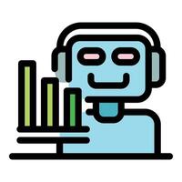 Smiling robot listening music and showing growing bar chart icon vector