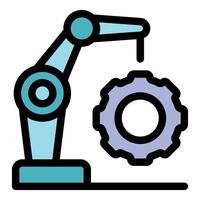 Robotic arm picking up gear in modern factory automation vector
