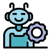 Smiling chatbot character holding a gear, artificial intelligence and support vector