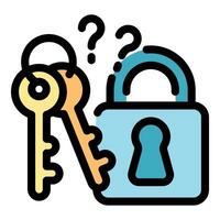 Keys and padlock with question marks symbolizing uncertainty and security vector