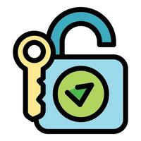 Open padlock with key and check mark symbolizing security and access vector
