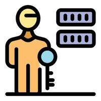 Server administrator holding key and managing server racks vector