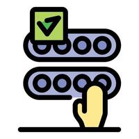 Hand pressing button on control panel with check mark displaying successful operation vector