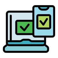 Laptop and smartphone showing check mark confirming synchronization vector