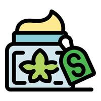 Open cosmetic cream jar with green label showing price and leaf symbol, filled outline style icon vector