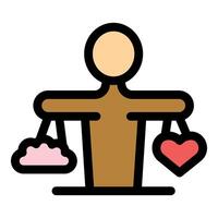 Person balancing logic and emotion with scale icon vector