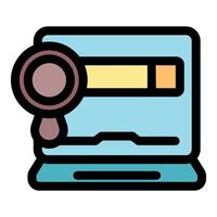 Magnifying glass exploring data on laptop screen, online research and analysis vector