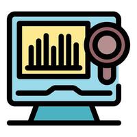 Magnifying glass analyzing bar chart on computer screen representing market research and data analysis vector