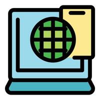 Laptop showing global network and folder icon, online storage and data management vector
