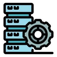 Server rack configuration and maintenance with gear icon, optimizing data center performance vector