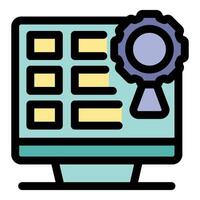 Computer screen showing quality control certificate icon vector