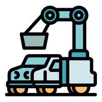 Robotic arm lifting container onto autonomous truck, modern logistics automation vector