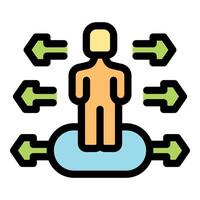 Person standing on cloud computing platform with data flow arrows exchanging information vector
