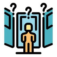 Person choosing correct door, making decision, solving problem, choosing path, opportunity, possibilities vector