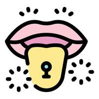 Tongue piercing showing through open mouth, body modification icon vector