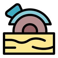 Circular saw cutting wooden plank, carpentry work in progress vector