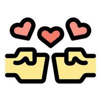 Two hands holding and showing love with three hearts floating above vector