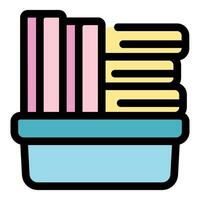 Books and documents stacked in plastic box, organizing files and paperwork vector