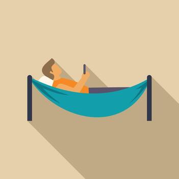 hombre relajante en hamaca utilizando teléfono inteligente con largo sombra vector