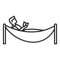 Man relaxing in hammock reading a book, line drawing icon vector