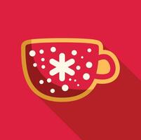 Red christmas mug with snowflake and snowflakes falling, long shadow vector