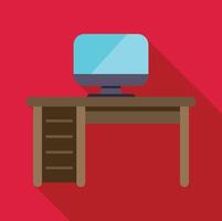 Computer displaying empty screen on wooden desk against red wall vector