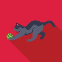 Playful grey cat playing with green ball on red background vector