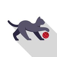 Playful cat playing with red yarn ball, flat design with long shadow vector