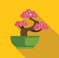 Blooming bonsai tree in a green pot with yellow background vector