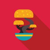 Bonsai tree growing in a pot with long shadow on red background vector