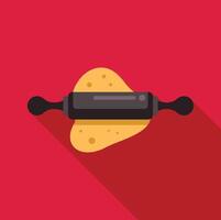 Rolling pin flattening dough on red background, baking illustration vector