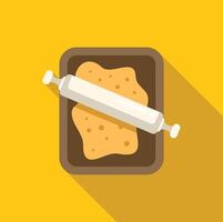 Rolling pin flattening dough on baking tray for cookies or pastry making vector