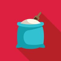 Blue bag holding white flour with wooden scoop on red background vector
